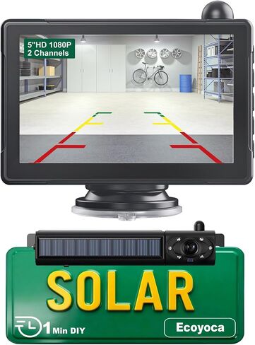 Solar Wireless Backup Camera 5'' HD Split-Screen Monitor Reversing Camera Stable Signal Dual Channel Back Up Kit Easy Installation Night Vision Waterproof Reverse Camera for Car RV Van SUV in Saudi Arabia