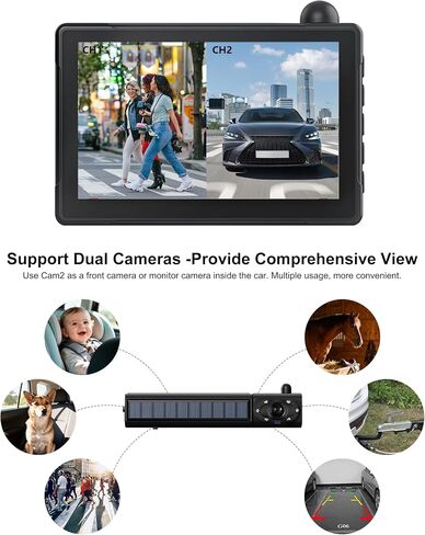 Solar Wireless Backup Camera 5'' HD Split-Screen Monitor Reversing Camera Stable Signal Dual Channel Back Up Kit Easy Installation Night Vision Waterproof Reverse Camera for Car RV Van SUV in Saudi Arabia