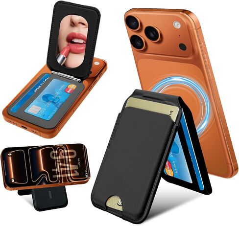 Magnetic Phone Wallet With Makeup mirror ，5 Card Holder with Adjustable Stand,RFID-Blocking Magsafe Wallet for iPhone 17/16/15/14/13/12 Pro Max Series Cases(Black) in Saudi Arabia
