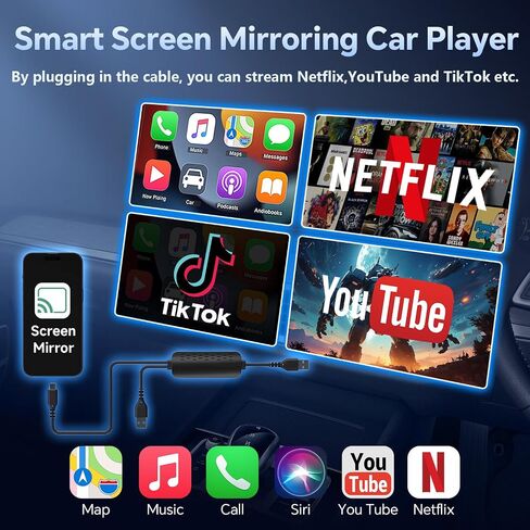 محول CarPlay لاسلكي 3 في 1 مع بث الفيديو، ونسخ الشاشة والشحن السريع، يمكّن Net-Flix/YouTube/TikTok عبر اتصال سلكي، التوصيل والتشغيل لأجهزة i-Phone وAndroid in Kuwait