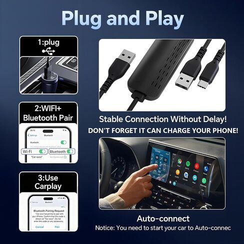 محول CarPlay لاسلكي 3 في 1 مع بث الفيديو، ونسخ الشاشة والشحن السريع، يمكّن Net-Flix/YouTube/TikTok عبر اتصال سلكي، التوصيل والتشغيل لأجهزة i-Phone وAndroid in Kuwait