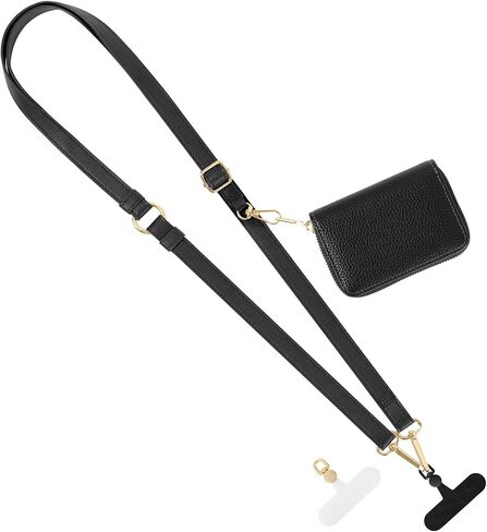 MoKo Clip And Go Strap Phone Lanyard, Leather Cell Phone Strap with Zippered Wallet Pouch, Adjustable & Detachable Universal Crossbody Phone Lanyard Compatible with Most Smartphones, Black in Saudi Arabia