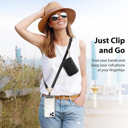 MoKo Clip And Go Strap Phone Lanyard, Leather Cell Phone Strap with Zippered Wallet Pouch, Adjustable & Detachable Universal Crossbody Phone Lanyard Compatible with Most Smartphones, Black in Saudi Arabia