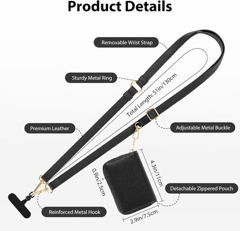 MoKo Clip And Go Strap Phone Lanyard, Leather Cell Phone Strap with Zippered Wallet Pouch, Adjustable & Detachable Universal Crossbody Phone Lanyard Compatible with Most Smartphones, Black in Saudi Arabia
