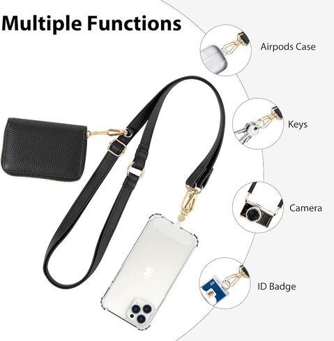 MoKo Clip And Go Strap Phone Lanyard, Leather Cell Phone Strap with Zippered Wallet Pouch, Adjustable & Detachable Universal Crossbody Phone Lanyard Compatible with Most Smartphones, Black in Saudi Arabia