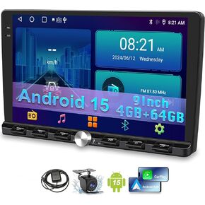 [4+64 جيجابايت] 9 بوصة ستيريو سيارة مزدوج Din Android 15 Apple CarPlay Android Auto Radio، 9 بوصة IPS 1280 * 720 شاشة لمس مع GPS، بلوتوث 5.2 راديو FM DSP صوت 1080P كاميرا احتياطية، واي فاي Google Play in Kuwait