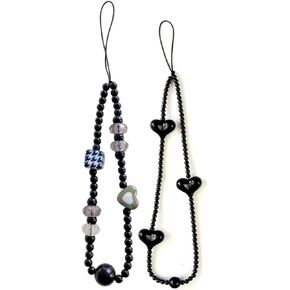 Heart Phone Charm Lanyard Set, Black Beaded Wrist Strap with Crystal Beads, Lanyard Wrist Strap Handmade Wristlet Keychain Anti-Lost Mobile Phone Chain,2 Pack in Saudi Arabia