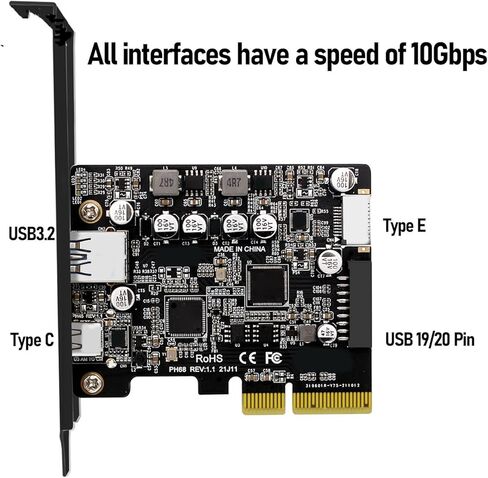 بطاقة توسيع PCIe إلى USB3.2، محول PCIe3.0 USB3.2 Gen2 بسرعة 10 جيجابت في الثانية مع منافذ USB من النوع A من النوع E، لأجهزة الكمبيوتر المكتبية 7 8 10 in Kuwait