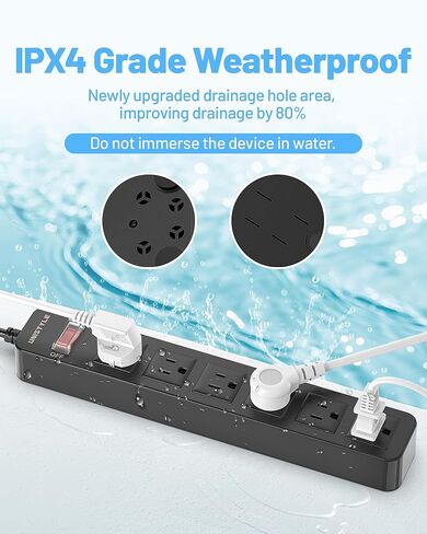 شريط طاقة مقاوم للماء خارجي بطول 65 قدمًا - مدرج في قائمة ETL، واقي من التيار المتردد المقاوم للطقس مع 6 منافذ تيار متردد، حماية 1700J، سلك تمديد مقاوم للماء IPX4 لأضواء عيد الميلاد، والتخييم، وحمام السباحة، أسود in Kuwait