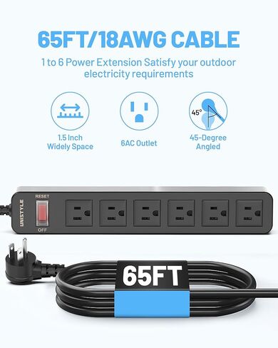 شريط طاقة مقاوم للماء خارجي بطول 65 قدمًا - مدرج في قائمة ETL، واقي من التيار المتردد المقاوم للطقس مع 6 منافذ تيار متردد، حماية 1700J، سلك تمديد مقاوم للماء IPX4 لأضواء عيد الميلاد، والتخييم، وحمام السباحة، أسود in Kuwait