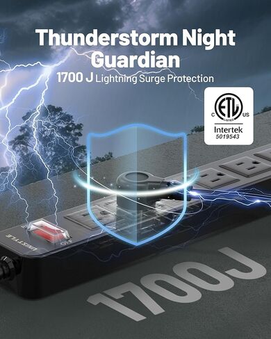 شريط طاقة مقاوم للماء خارجي بطول 65 قدمًا - مدرج في قائمة ETL، واقي من التيار المتردد المقاوم للطقس مع 6 منافذ تيار متردد، حماية 1700J، سلك تمديد مقاوم للماء IPX4 لأضواء عيد الميلاد، والتخييم، وحمام السباحة، أسود in Kuwait