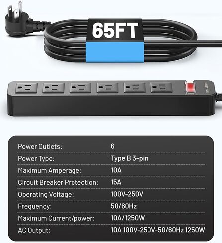 شريط طاقة مقاوم للماء خارجي بطول 65 قدمًا - مدرج في قائمة ETL، واقي من التيار المتردد المقاوم للطقس مع 6 منافذ تيار متردد، حماية 1700J، سلك تمديد مقاوم للماء IPX4 لأضواء عيد الميلاد، والتخييم، وحمام السباحة، أسود in Kuwait