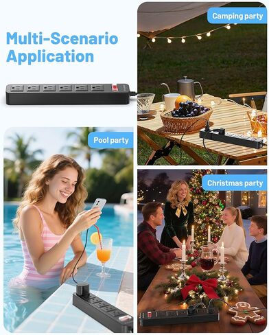 شريط طاقة مقاوم للماء خارجي بطول 65 قدمًا - مدرج في قائمة ETL، واقي من التيار المتردد المقاوم للطقس مع 6 منافذ تيار متردد، حماية 1700J، سلك تمديد مقاوم للماء IPX4 لأضواء عيد الميلاد، والتخييم، وحمام السباحة، أسود in Kuwait