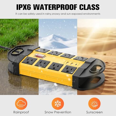HHSOET في الهواء الطلق مانعة لتسرب الماء 8 منافذ قطاع الطاقة، IPX6 حامي عرام للماء، 2 USB-A 1 منافذ USB-C، سلك تمديد 6 قدم للفناء في الهواء الطلق حديقة الشرفة المرآب in Kuwait
