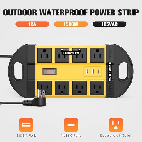 HHSOET في الهواء الطلق مانعة لتسرب الماء 8 منافذ قطاع الطاقة، IPX6 حامي عرام للماء، 2 USB-A 1 منافذ USB-C، سلك تمديد 6 قدم للفناء في الهواء الطلق حديقة الشرفة المرآب in Kuwait