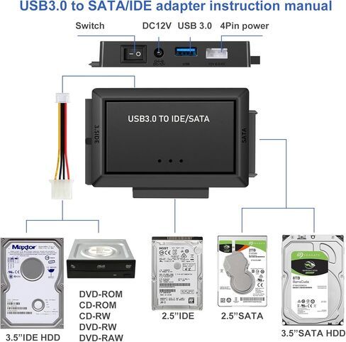 محول IDE إلى USB 3.0، محول USB C إلى SATA/IDE لمحرك الأقراص الصلبة SSD مقاس 2.5/3.5 بوصة، مع مصدر طاقة، محول USB إلى SATA IDE لاستعادة بيانات الكمبيوتر المحمول/الكمبيوتر الشخصي ونقلها (01) in Kuwait