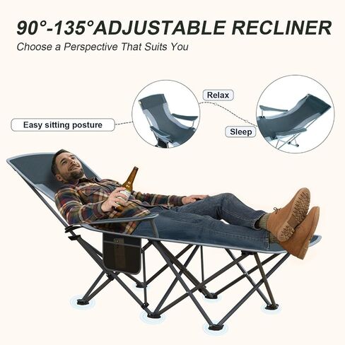 Folding Beach Chair Recliner for Adults - Heavy Duty 300lbs Camping Chair with Adjustable Backrest & Footrest, Portable Outdoor Lounge Chair for Backyard, Fishing, Travel in Saudi Arabia