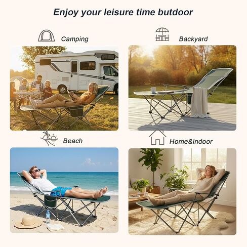 Folding Beach Chair Recliner for Adults - Heavy Duty 300lbs Camping Chair with Adjustable Backrest & Footrest, Portable Outdoor Lounge Chair for Backyard, Fishing, Travel in Saudi Arabia