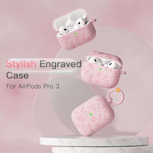 حافظة لجهاز AirPods Pro 3 (2025) غطاء حماية من السيليكون الناعم المقاوم للصدمات منقوش عليه زهور DamonLight مع قلم تنظيف وسلسلة مفاتيح زهرية لجهاز Apple Airpods Pro الجيل الثالث (وردي) in Kuwait