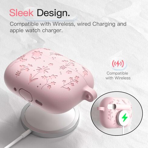 حافظة لجهاز AirPods Pro 3 (2025) غطاء حماية من السيليكون الناعم المقاوم للصدمات منقوش عليه زهور DamonLight مع قلم تنظيف وسلسلة مفاتيح زهرية لجهاز Apple Airpods Pro الجيل الثالث (وردي) in Kuwait
