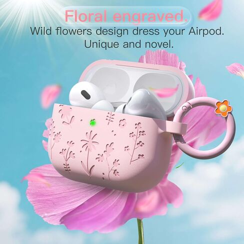حافظة لجهاز AirPods Pro 3 (2025) غطاء حماية من السيليكون الناعم المقاوم للصدمات منقوش عليه زهور DamonLight مع قلم تنظيف وسلسلة مفاتيح زهرية لجهاز Apple Airpods Pro الجيل الثالث (وردي) in Kuwait
