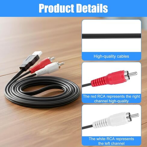 USB to RCA Adapter, 59 Inch USB Male to 2 RCA Male Audio Cable Converter Left Right Audio Channel Cable for Most DVD Player Power Amplifier Laptop PC Television AV Adapter Cord in Kuwait