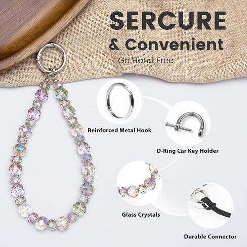 Phone Charm Strap, Stylish Crystal Beaded Lanyard with Tether Tab &Metal Buckle for Cellphone, Wrist Keychain for Car Keys with D Ring for Women. in Kuwait