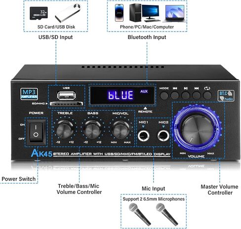 AK45 Stereo Audio Amplifier,300W Home 2 Channel Wireless Bluetooth 5.0 Power Amplifier System, Home Amplifiers FM Radio, USB, SD Card, with Remote Control Home Theater Audio Stereo System in Saudi Arabia