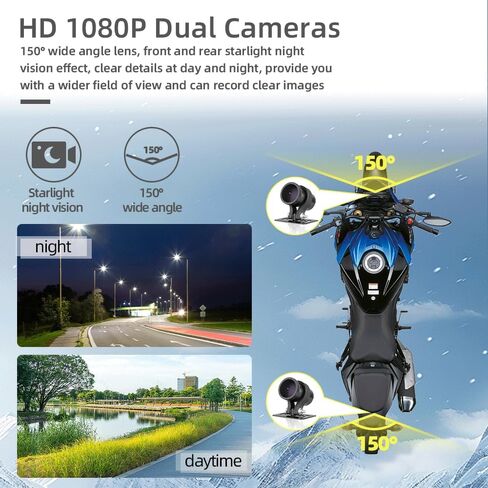 كاميرا VSYSTO WiFi للدراجات النارية Dash Cam HD 1080P أمامية وخلفية، مسجل فيديو رقمي مقاوم للماء مع أجهزة استشعار ضغط الإطارات، جهاز تحكم عن بعد بشاشة عرض إلكترونية، نظام تحديد المواقع العالمي (GPS)، مراقبة وقوف السيارات (أسود بدون شاشة) in Kuwait