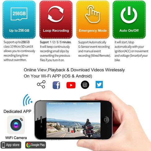 كاميرا VSYSTO WiFi للدراجات النارية Dash Cam HD 1080P أمامية وخلفية، مسجل فيديو رقمي مقاوم للماء مع أجهزة استشعار ضغط الإطارات، جهاز تحكم عن بعد بشاشة عرض إلكترونية، نظام تحديد المواقع العالمي (GPS)، مراقبة وقوف السيارات (أسود بدون شاشة) in Kuwait