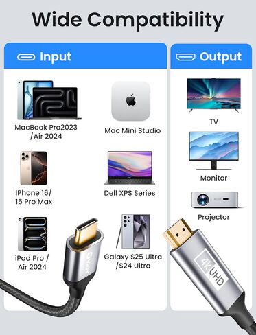 كابل VIOY USB C إلى HDMI بطول 3.3 قدم، 4K@30HZ من النوع c إلى HDMI سلك مجدول (Thunderbolt 3/4) متوافق مع MacBook Pro/Air، iPhone 16/15 Pro/Max، iPad، سلسلة Dell XPS، Galaxy، جهاز العرض، الشاشة، التلفزيون in Kuwait