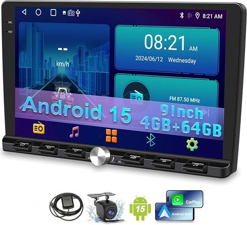 [4+64 جيجابايت] 9 بوصة ستيريو سيارة مزدوج Din Android 15 Apple CarPlay Android Auto Radio، 9 بوصة IPS 1280 * 720 شاشة لمس مع GPS، بلوتوث 5.2 راديو FM DSP صوت 1080P كاميرا احتياطية، واي فاي Google Play in Kuwait