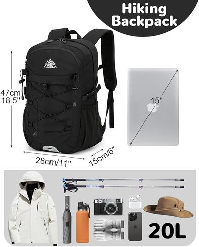 حقيبة ظهر صغيرة مقاومة للماء للمشي لمسافات طويلة سعة 20 لترًا مع حزام صدر للرجال، حقيبة نهارية خفيفة الوزن للاستخدام في الهواء الطلق، باللون الأسود in Kuwait