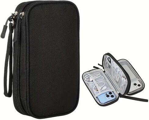 Cable Organizer Bag, Electronics Carrying Travel Case, Double Layers Storage Bag, Mesh Pocket for Cables, Cords and Chargers, Earphone, Phone-Black in Saudi Arabia