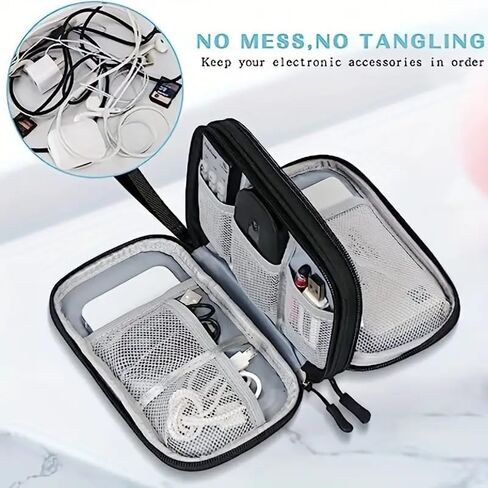 Cable Organizer Bag, Electronics Carrying Travel Case, Double Layers Storage Bag, Mesh Pocket for Cables, Cords and Chargers, Earphone, Phone-Black in Saudi Arabia