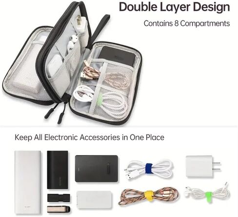 Cable Organizer Bag, Electronics Carrying Travel Case, Double Layers Storage Bag, Mesh Pocket for Cables, Cords and Chargers, Earphone, Phone-Black in Saudi Arabia