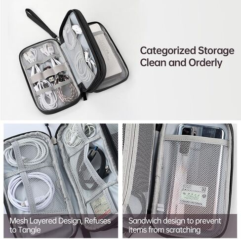 Cable Organizer Bag, Electronics Carrying Travel Case, Double Layers Storage Bag, Mesh Pocket for Cables, Cords and Chargers, Earphone, Phone-Black in Saudi Arabia