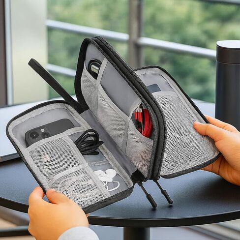 Double Layer Electronic Cable Organizer, Portable Waterproof Travel Storage Bag for Accessories, Cords, Chargers, Phones, Earphones - Black in Saudi Arabia