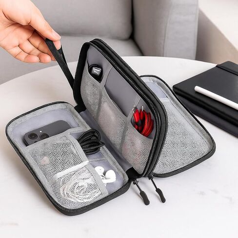 Double Layer Electronic Cable Organizer, Portable Waterproof Travel Storage Bag for Accessories, Cords, Chargers, Phones, Earphones - Black in Saudi Arabia