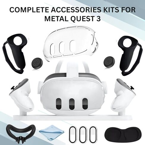 مجموعة غطاء من السيليكون لجهاز Meta Quest 3 - غلاف سماعة الرأس VR، ومقابض وحدة التحكم، وواجهة الوجه وواقيات العدسات، وأغطية العدسات الزجاجية المقواة (غير متوافقة مع Quest 3S) in Kuwait