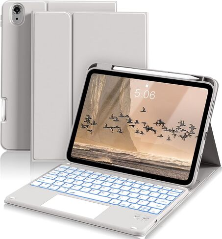 حافظة لجهاز iPad (A16) الجيل الحادي عشر مع لوحة مفاتيح، وإضاءة خلفية بـ 7 ألوان، وغطاء فوليو مع حامل قلم رصاص، ولوحة تتبع متعددة اللمس، ولوحة مفاتيح قابلة للفصل لجهاز iPad 11/10.9 بوصة 2025/2022 (أبيض كريمي) in Kuwait