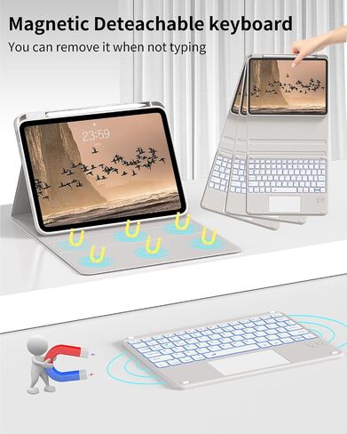 حافظة لجهاز iPad (A16) الجيل الحادي عشر مع لوحة مفاتيح، وإضاءة خلفية بـ 7 ألوان، وغطاء فوليو مع حامل قلم رصاص، ولوحة تتبع متعددة اللمس، ولوحة مفاتيح قابلة للفصل لجهاز iPad 11/10.9 بوصة 2025/2022 (أبيض كريمي) in Kuwait