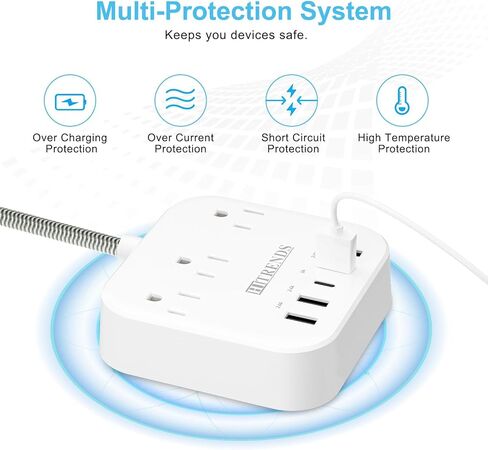 شريط طاقة، واقي من التيار الزائد مع 10 منافذ و3 منافذ USB (5 فولت/2.4 أمبير) ومنفذ USB-C (5 فولت/3 أمبير)، 1875 وات/15 أمبير، 3600 جول، قابس مسطح، منافذ متباعدة مع سلك تمديد بطول 6 أقدام للمكتب المنزلي - أبيض in Kuwait
