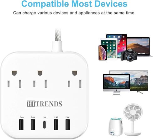 شريط طاقة، واقي من التيار الزائد مع 10 منافذ و3 منافذ USB (5 فولت/2.4 أمبير) ومنفذ USB-C (5 فولت/3 أمبير)، 1875 وات/15 أمبير، 3600 جول، قابس مسطح، منافذ متباعدة مع سلك تمديد بطول 6 أقدام للمكتب المنزلي - أبيض in Kuwait