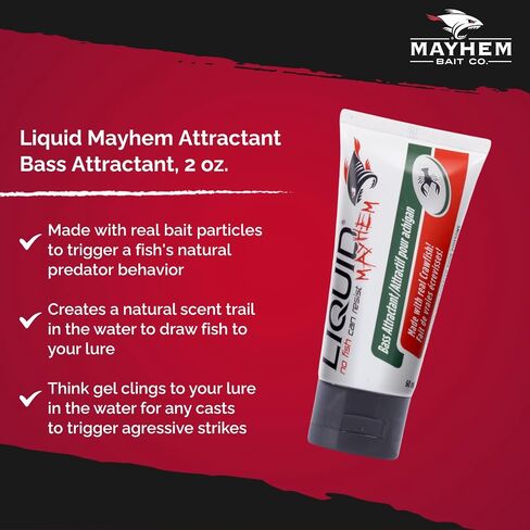 جل جذب الأسماك Liquid Mayhem Bass 60 مل / 2 أونصة · 60 استخدامًا – طعم باس حقيقي وأمينوس | جل طويل الأمد معزز بالأشعة فوق البنفسجية - جميع أنواع الطعم in Kuwait