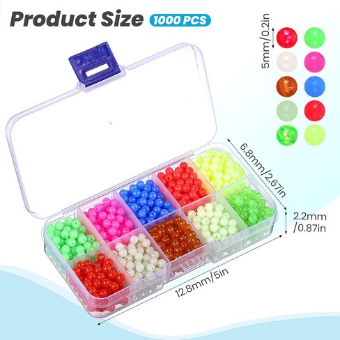 1000PCS Fishing Beads Saltwater Kit 10 Colors 5mm Glow in Dark Round Plastic Fishing Rigs Beads for Saltwater Freshwater in Saudi Arabia