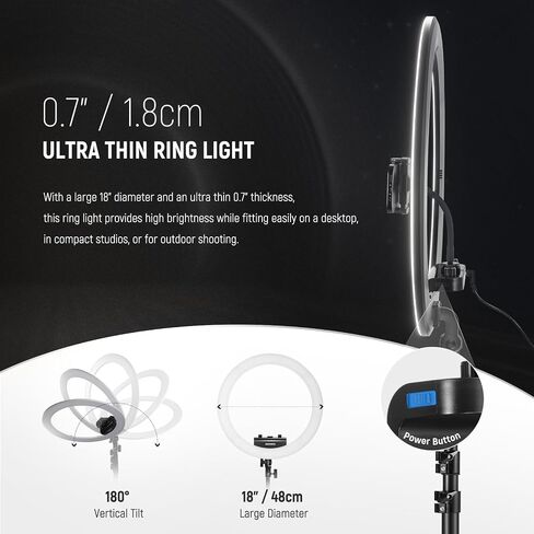 NEEWER Professional Ring Light with Stand and Phone Holder, 18 inch Ultra Thin, 45W 2900K-7000K TLCI98, Remote Shutter & App Control, Softer Lighting for Makeup Live Stream TikTok, RP18B Pro White in Saudi Arabia