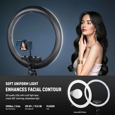 NEEWER Professional Ring Light with Stand and Phone Holder, 18 inch Ultra Thin, 45W 2900K-7000K TLCI98, Remote Shutter & App Control, Softer Lighting for Makeup Live Stream TikTok, RP18B Pro White in Saudi Arabia