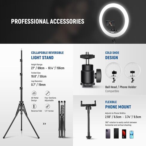 NEEWER Professional Ring Light with Stand and Phone Holder, 18 inch Ultra Thin, 45W 2900K-7000K TLCI98, Remote Shutter & App Control, Softer Lighting for Makeup Live Stream TikTok, RP18B Pro White in Saudi Arabia