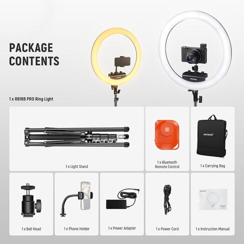 NEEWER Professional Ring Light with Stand and Phone Holder, 18 inch Ultra Thin, 45W 2900K-7000K TLCI98, Remote Shutter & App Control, Softer Lighting for Makeup Live Stream TikTok, RP18B Pro White in Saudi Arabia